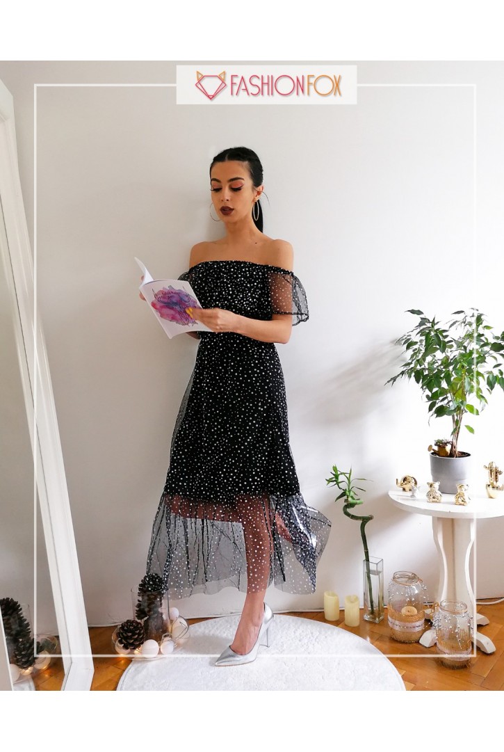 Kadın Madonna Yakalı Midi Tül Elbise