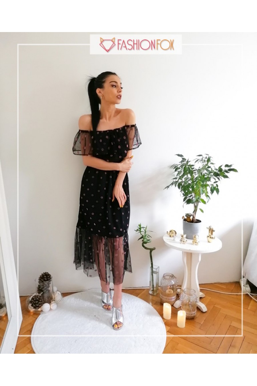 Kadın Çiçek Baskılı Madonna Yaka Elbise