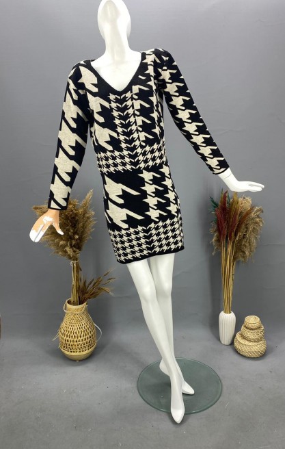 Kadın Kazayağı Desenli Mini Triko Elbise