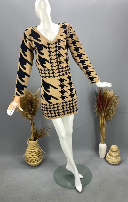 Kadın Kazayağı Desenli Mini Triko Elbise