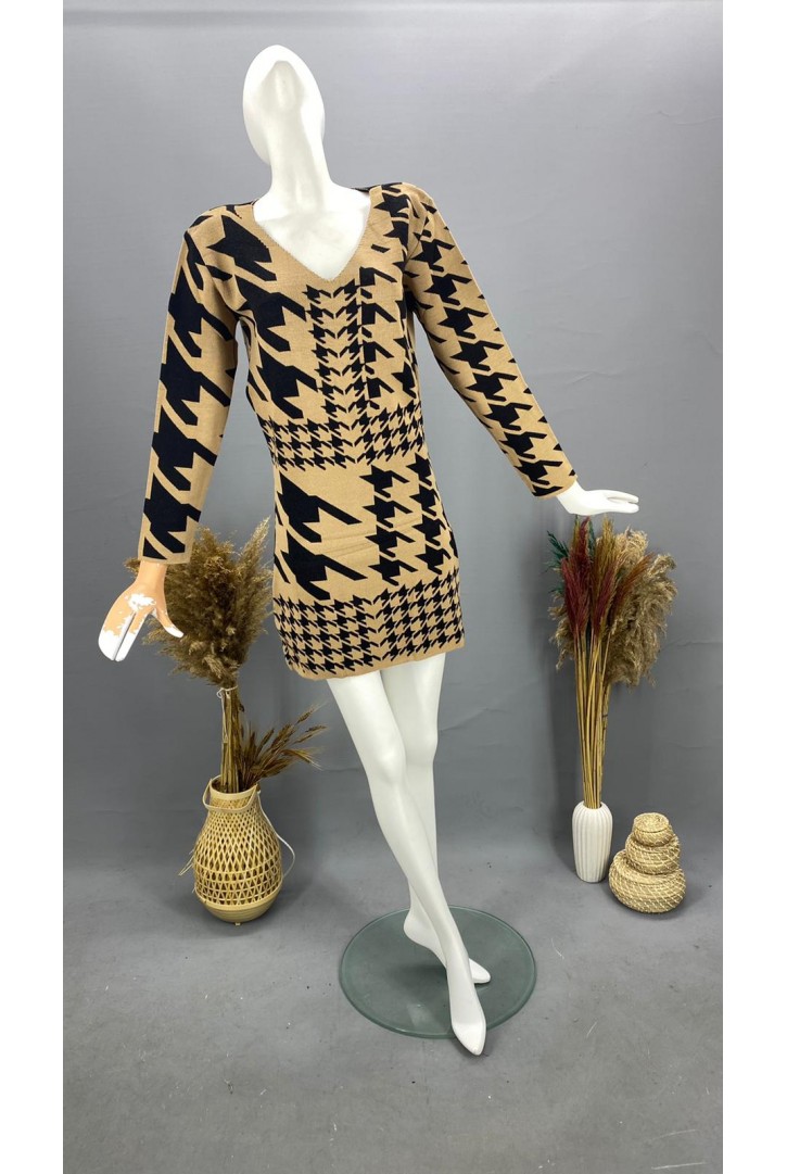 Kadın Kazayağı Desenli Mini Triko Elbise