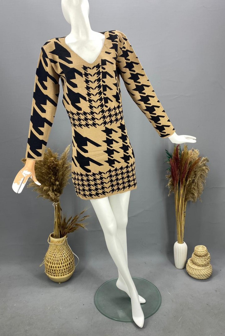 Kadın Kazayağı Desenli Mini Triko Elbise