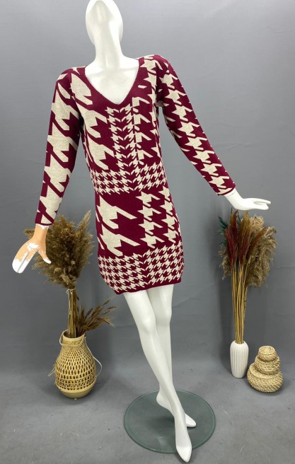 Kadın Kazayağı Desenli Mini Triko Elbise