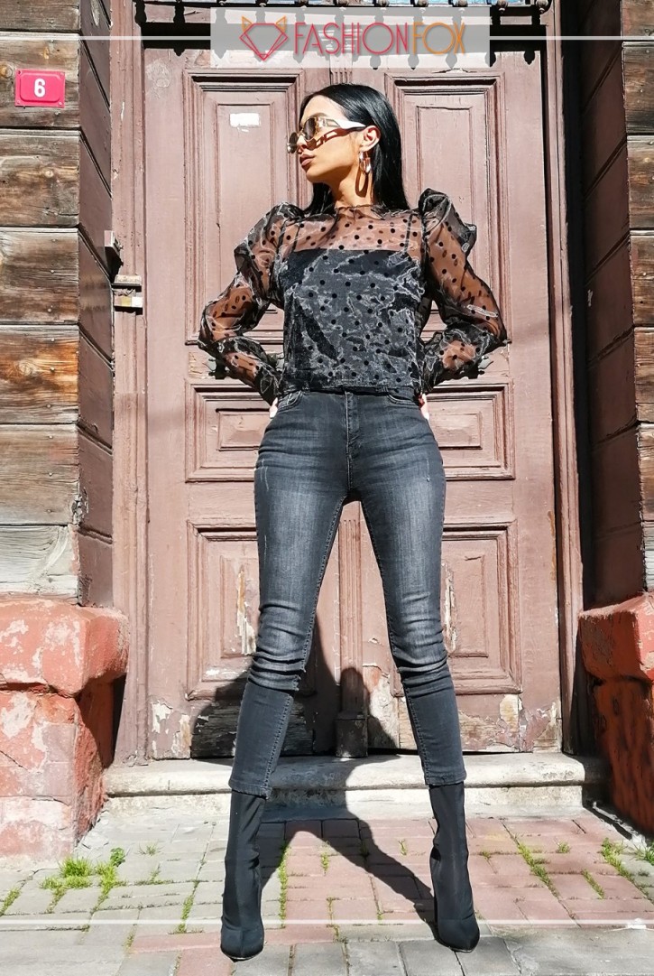 Kadın Puantiyeli Transparan Uzun Kollu Bluz