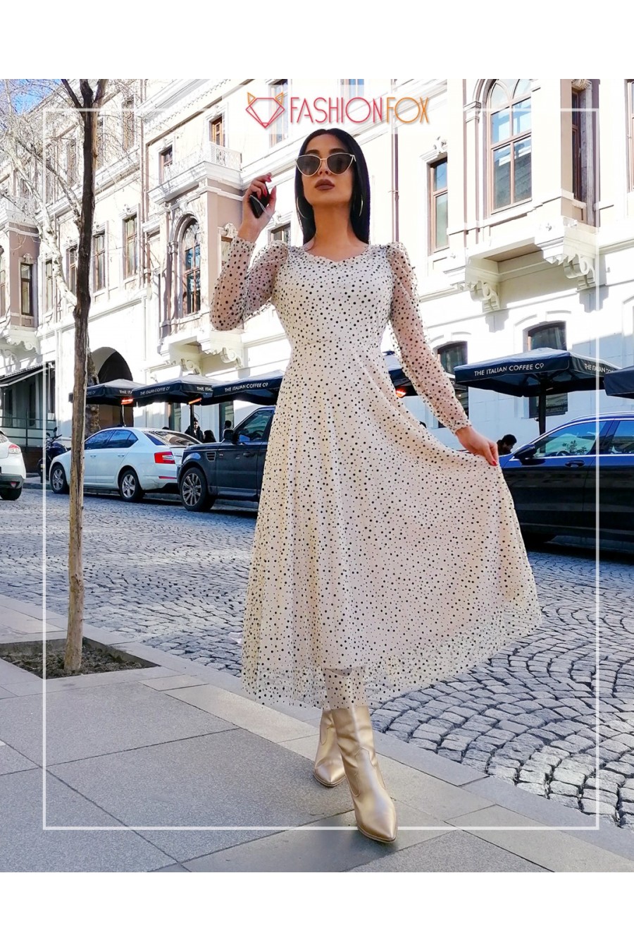 10749 Kadın Puantiye Desenli Midi Elbise