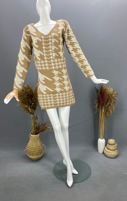 Kadın Kazayağı Desenli Mini Triko Elbise