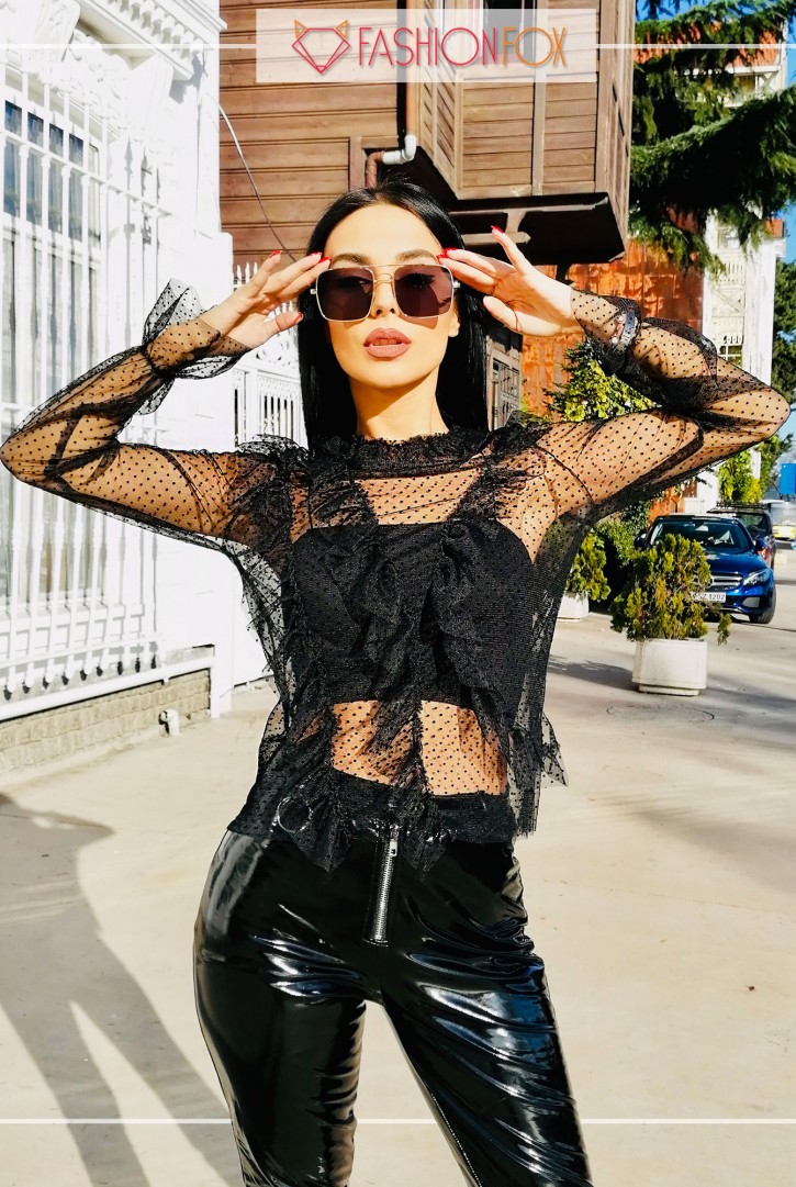 Kadın Fırfır Detaylı Flok Tül Bluz