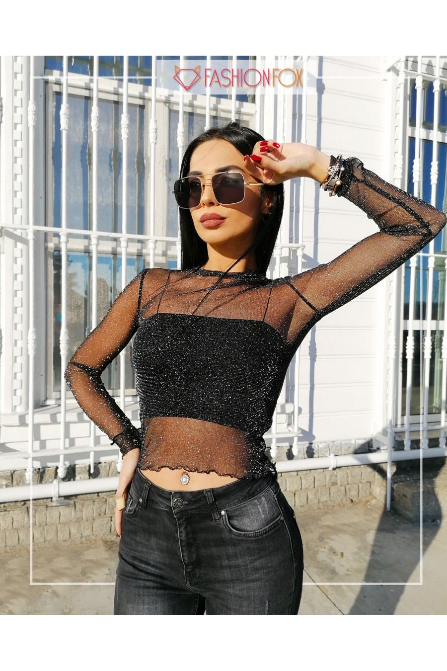 10554 Kadın Simli Transparan Bluz