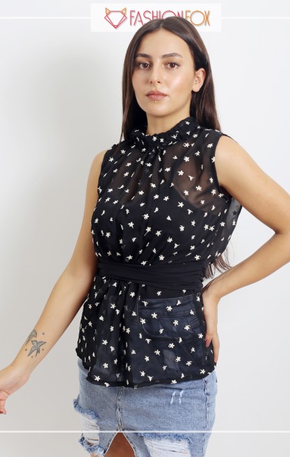 Kadın Çiçekli Transparan Kolsuz Bluz