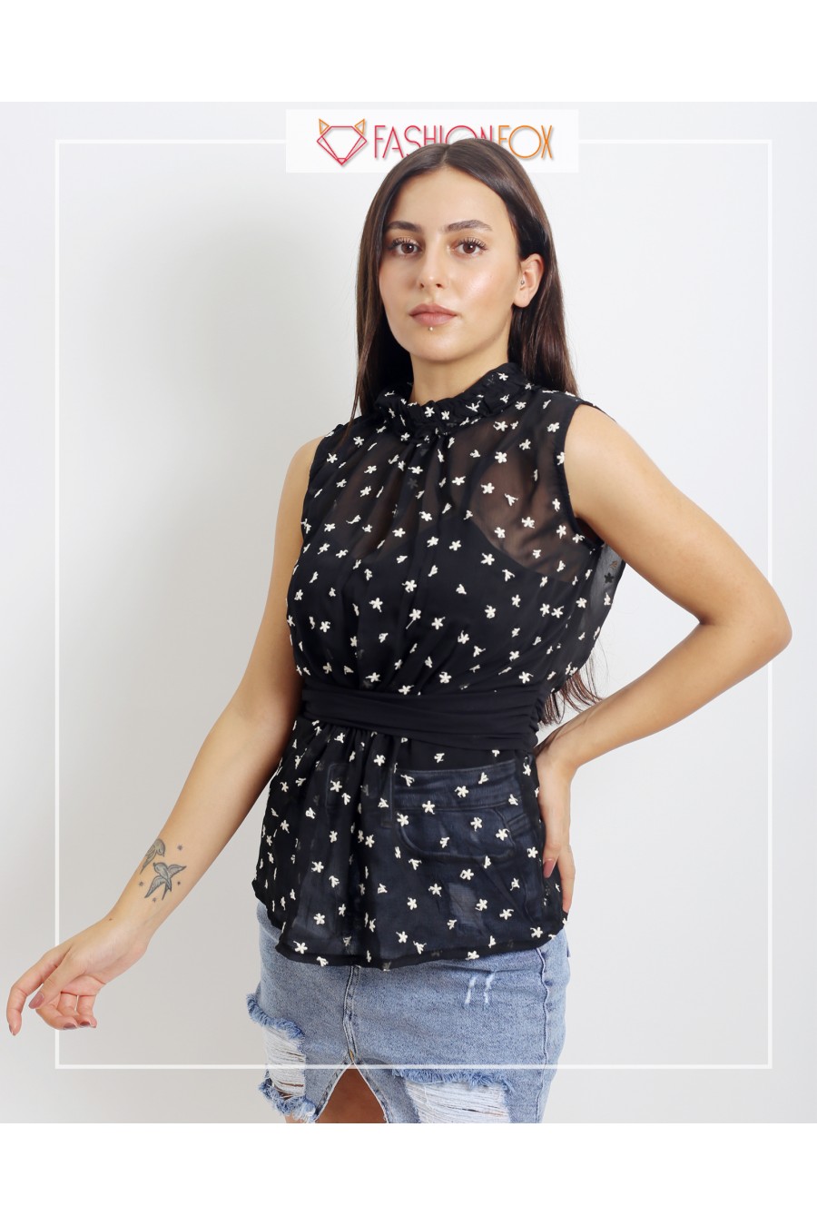 Kadın Çiçekli Transparan Kolsuz Bluz