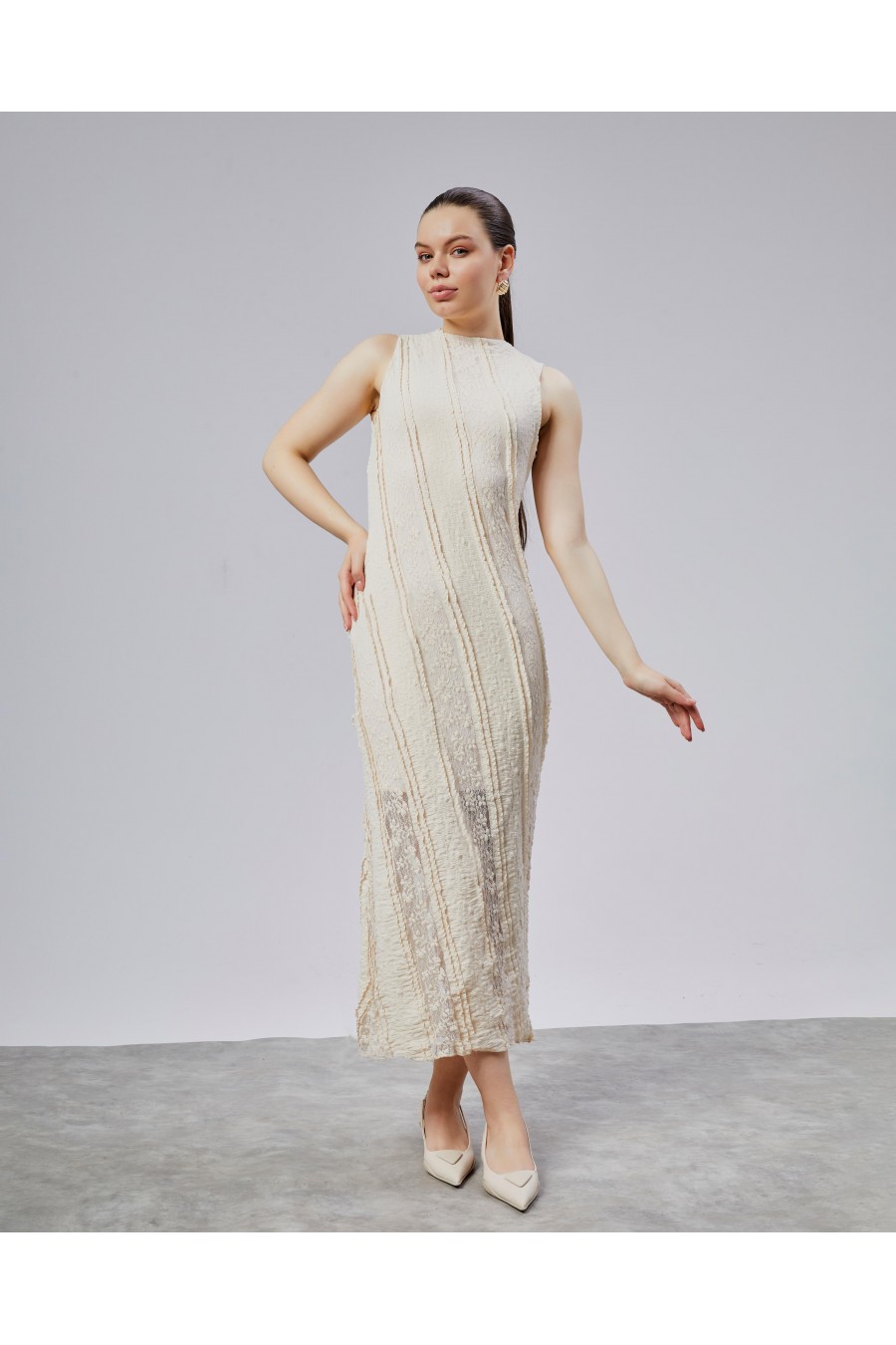 Dantel Fırfırlı Elbise Krem Renk