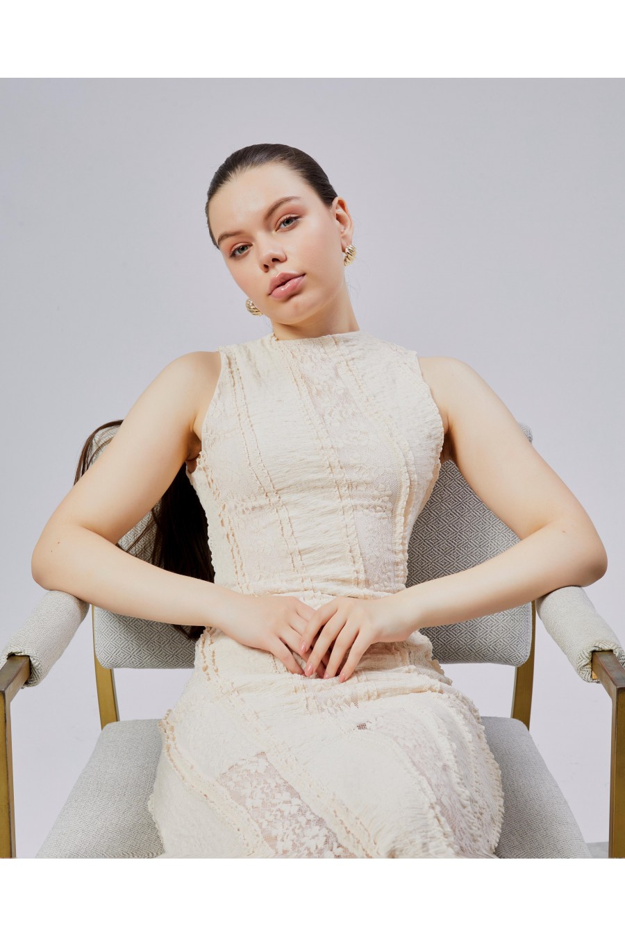 Dantel Fırfırlı Elbise Krem Renk