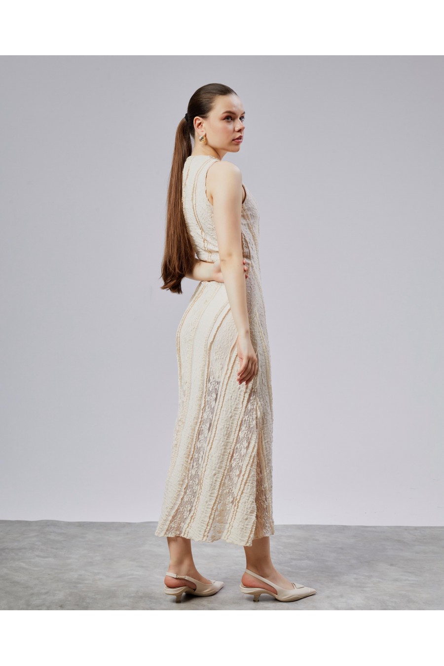 Dantel Fırfırlı Elbise Krem Renk