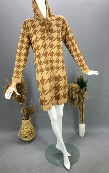 Kadın Kazayağı Desenli Triko Elbise