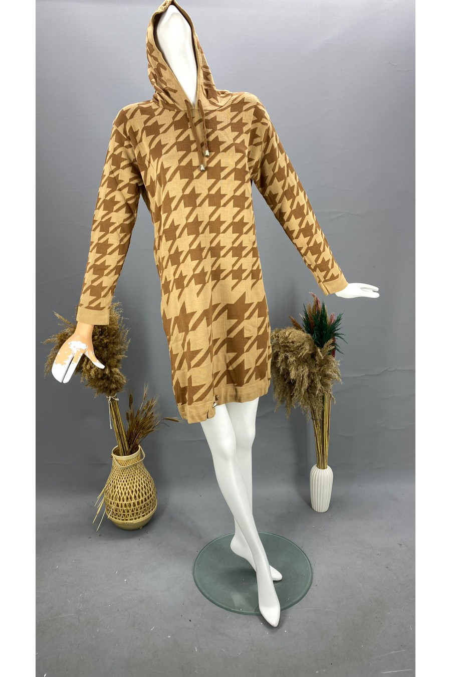 13365 Kadın Kazayağı Desenli Triko Elbise