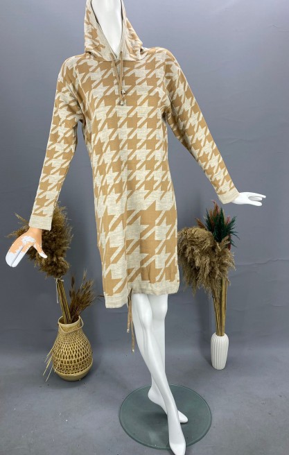 Kadın Kazayağı Desenli Triko Elbise