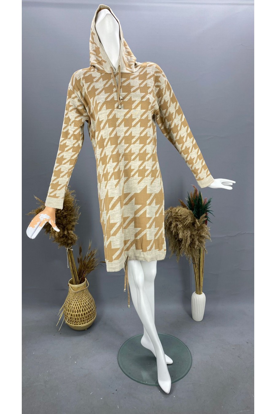 Kadın Kazayağı Desenli Triko Elbise