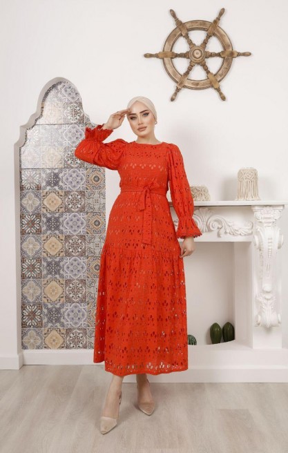 Kadın Pilili Kollu Midi Elbise