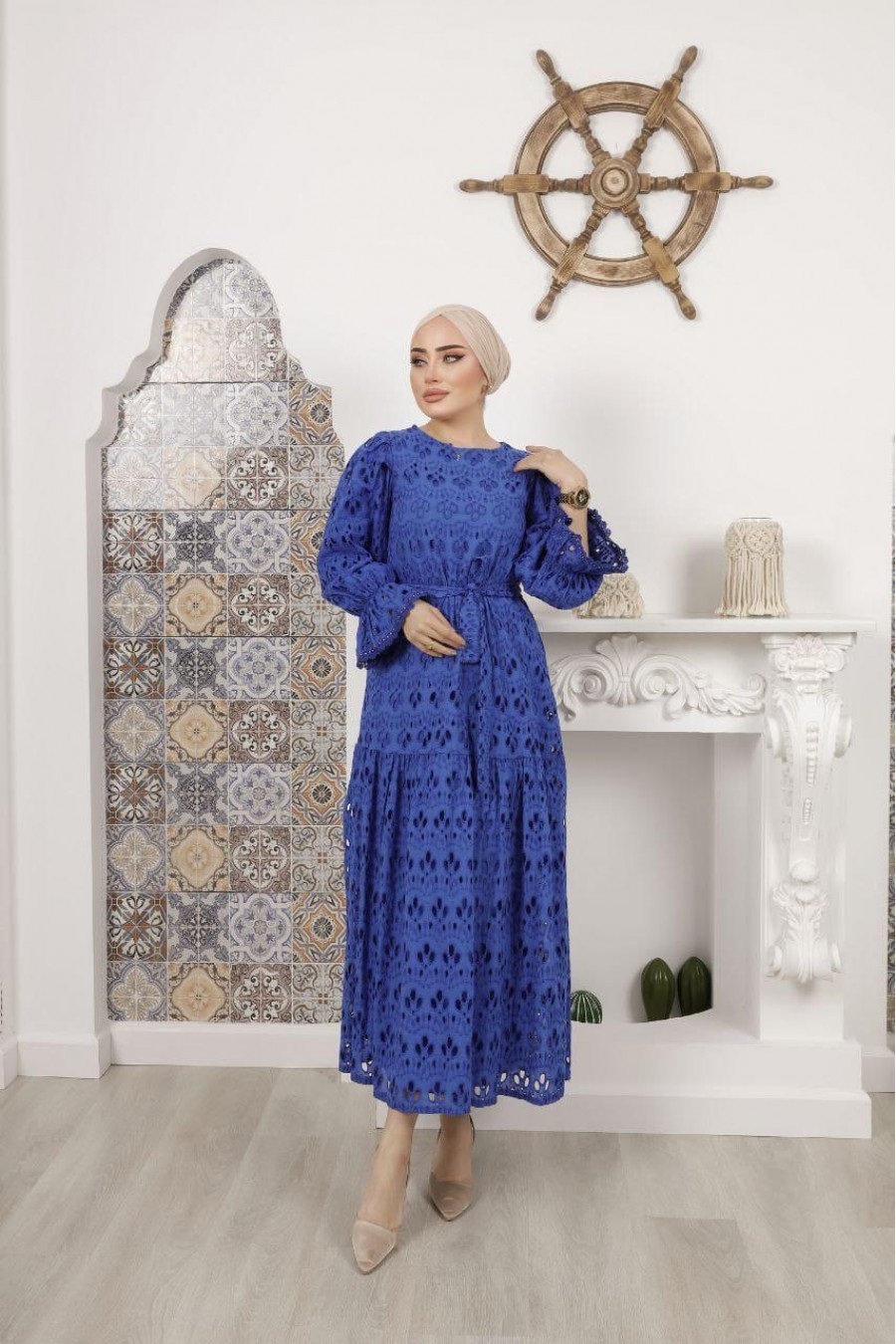 17499 Kadın Pilili Kollu Midi Elbise