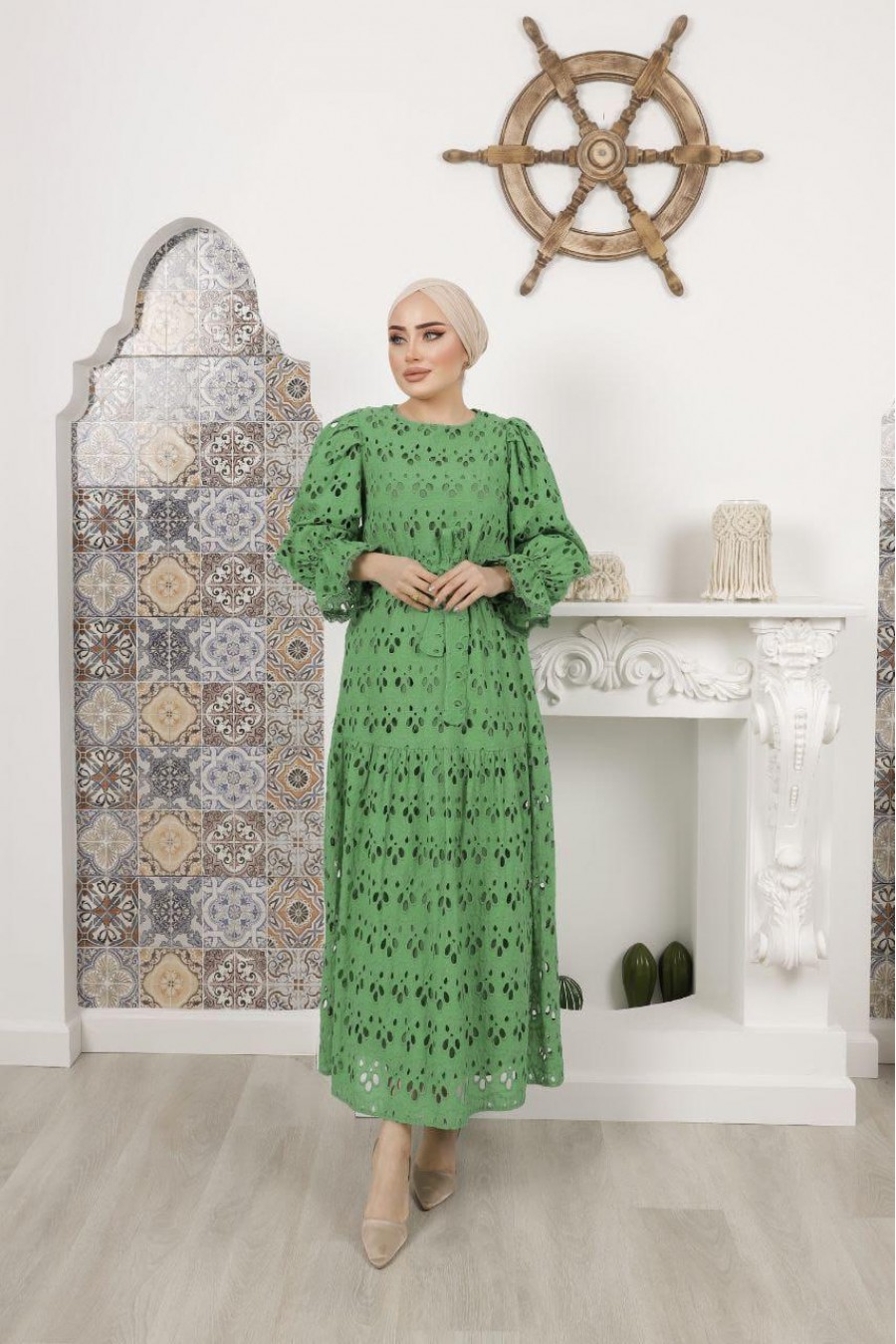 17499 Kadın Pilili Kollu Midi Elbise