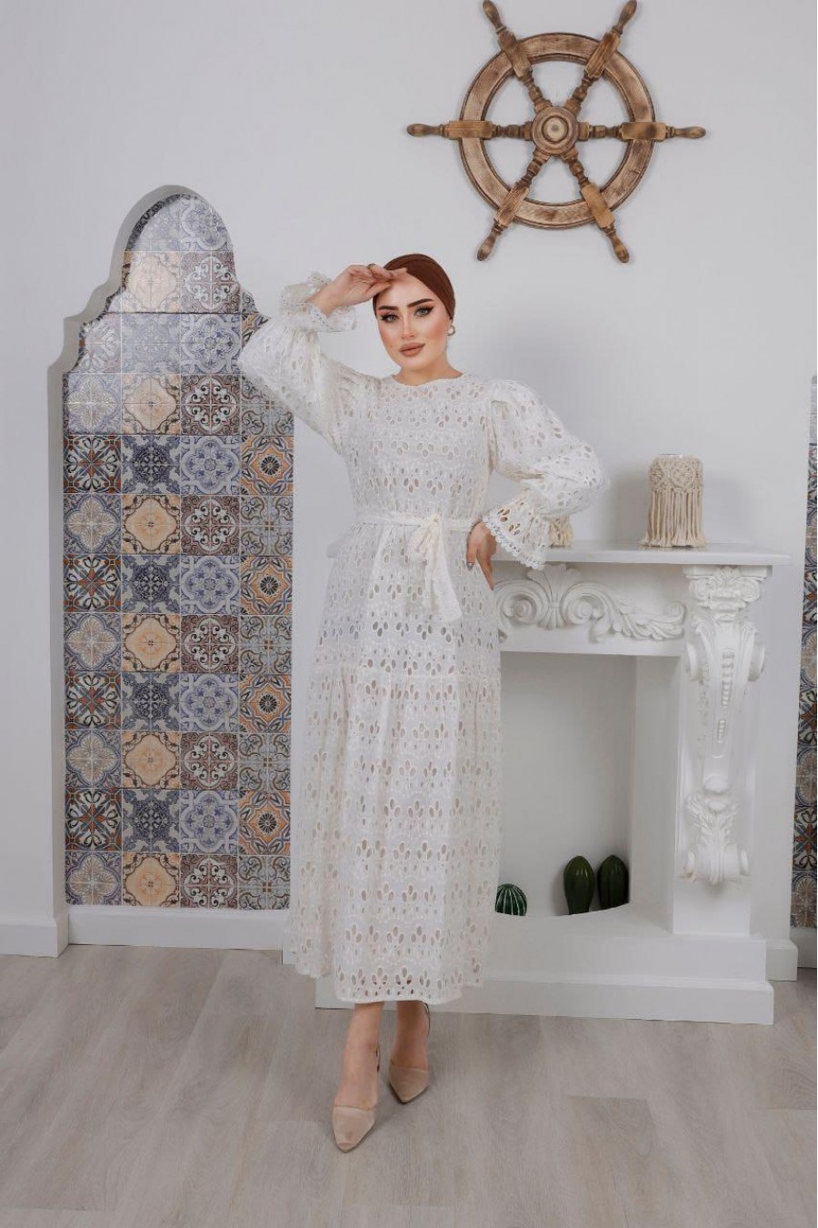 17499 Kadın Pilili Kollu Midi Elbise