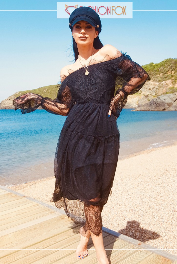 Kadın Madonna Yaka Tül Elbise