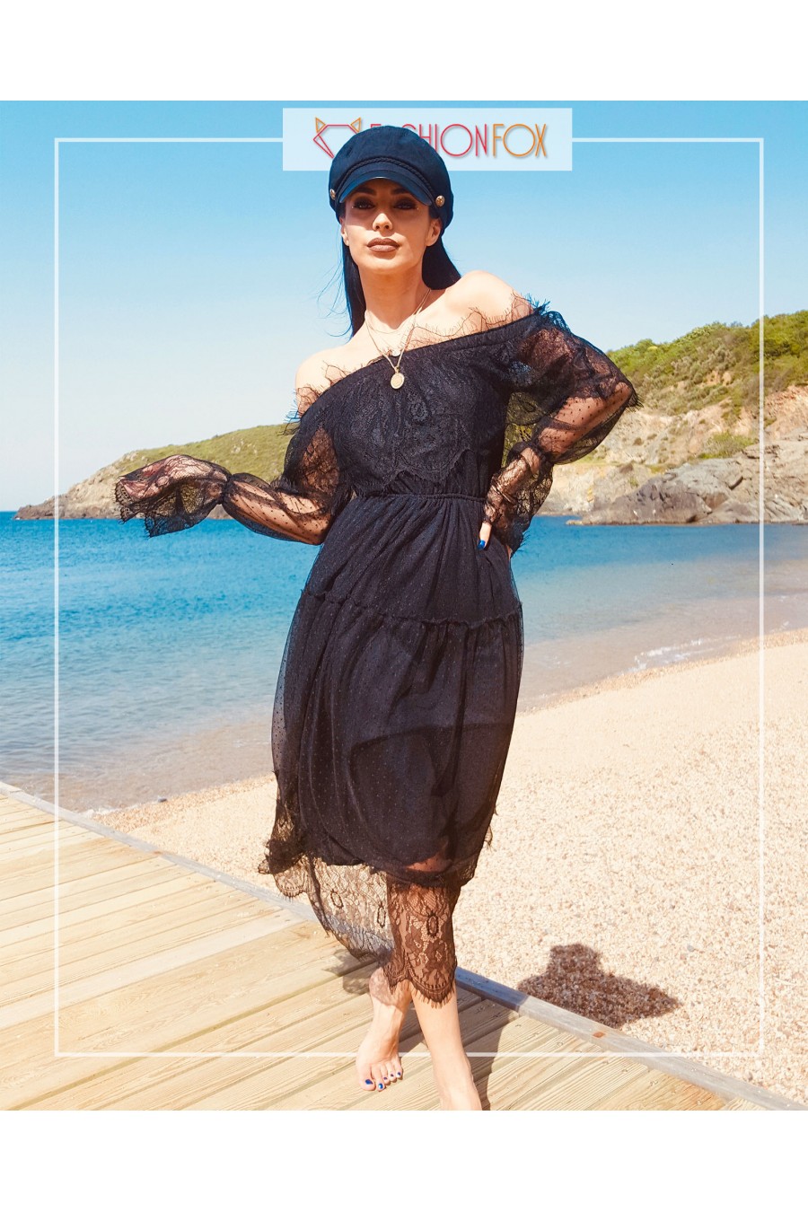 9369 Kadın Madonna Yaka Tül Elbise